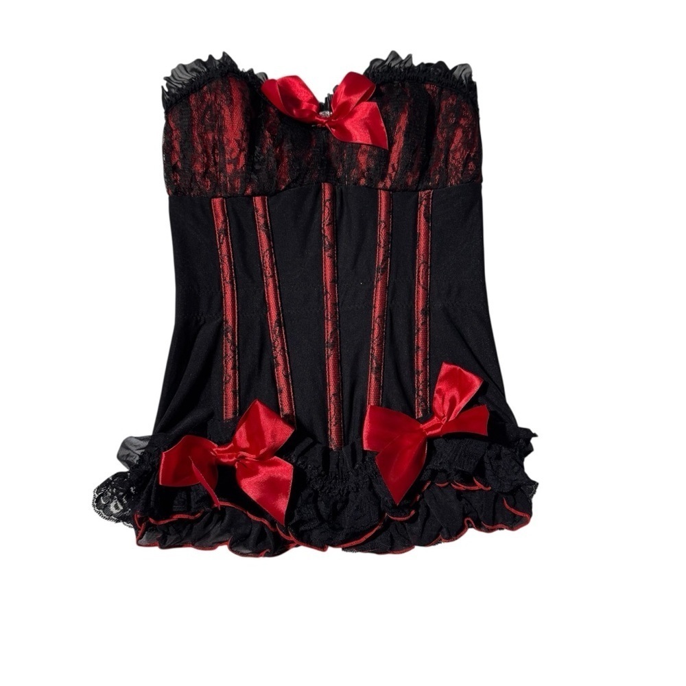Coquette Corset Top– Black Red -Size Small - Boned Lace
